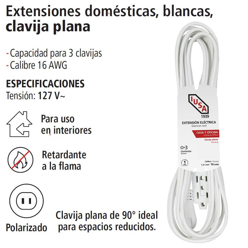 Extensi&oacute;n Dom&eacute;stica, Blanca, Clavija Plana, 6m,... image number null