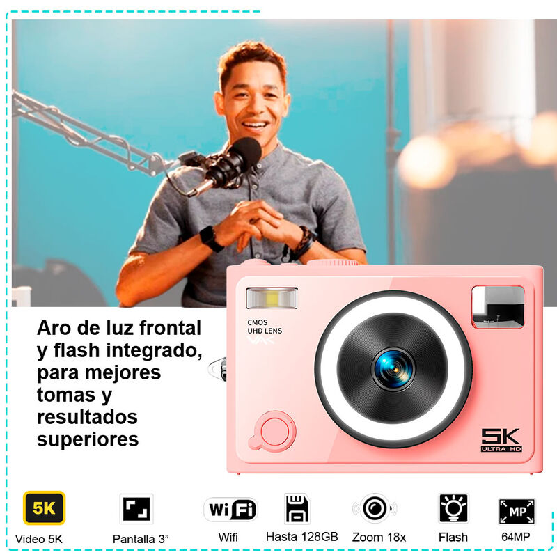 C&aacute;mara digital VAK F3L 5k Selfie-cam aro luz wi... image number null