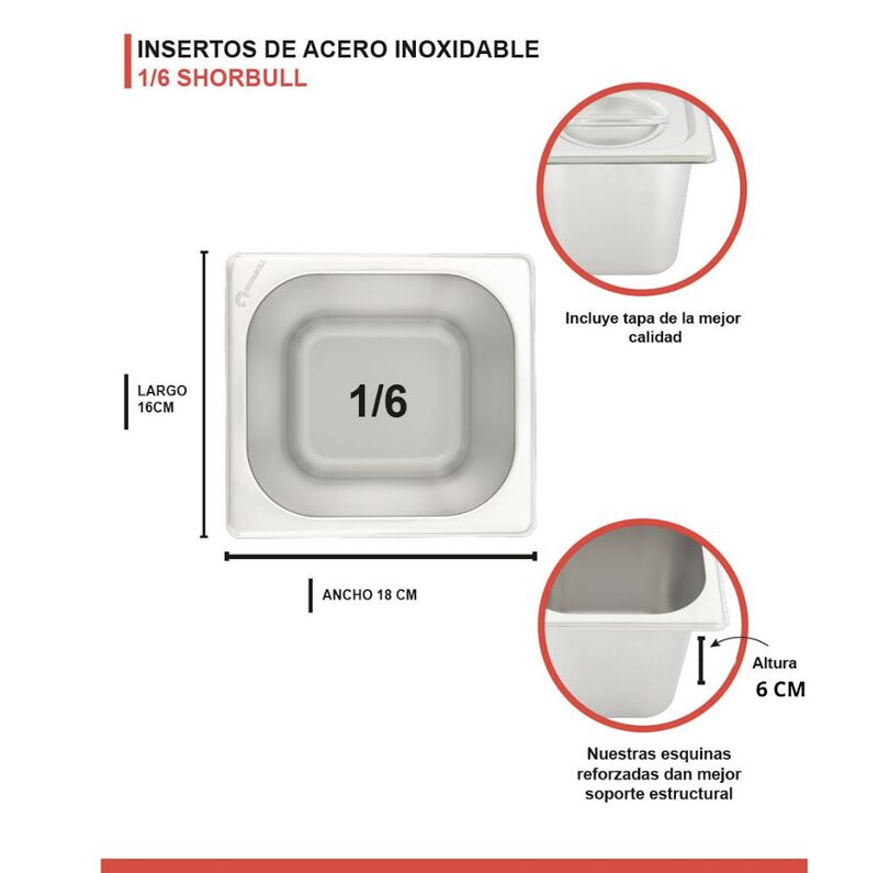 Inserto acero inoxidable 1/6 6cm con tapa Shorb... image number null