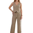 Conjunto 2 Piezas A Rayas, Chaleco Con Botones Y Pantal&oacute;n, Conj-0219 Caf&eacute; Claro Look Casual Y Sofisticado Para Mujer