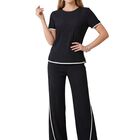 Conjunto 2 Piezas, Blusa Manga Corta Y Pantal&oacute;n Recto Con Abertura Conj-0188 Negro Estilo Elegante Y Moderno Para Mujer