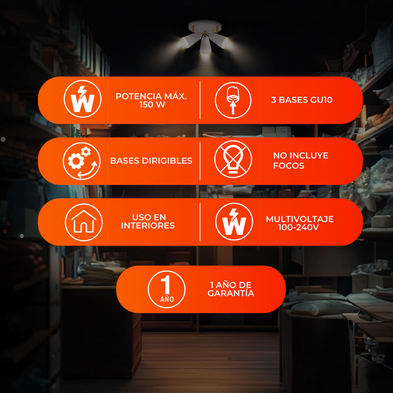 L&aacute;mpara Spot De Sobreponer Dirigible 3 Bases Gu... image number null