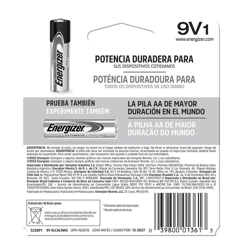 Pila Energizer Max Alcalina 9v Cuadrada 522bp-1 image number null