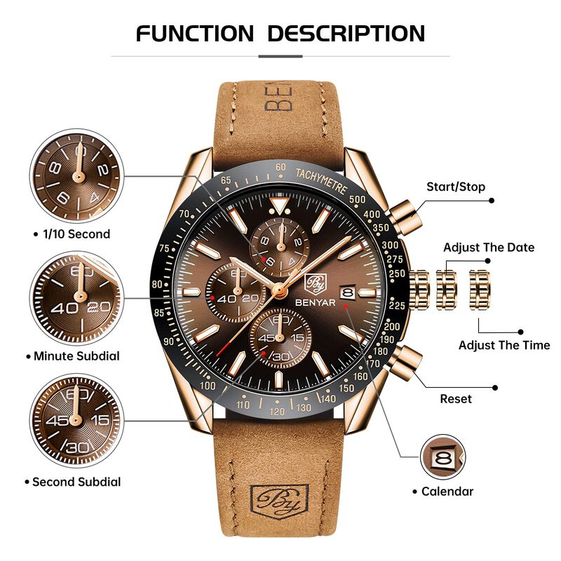 Reloj Benyar Chronograph, Correa De Piel De Cua... image number null