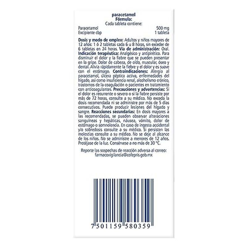 Paracetamol 500 gm, Caja con 10 Tabletas image number null