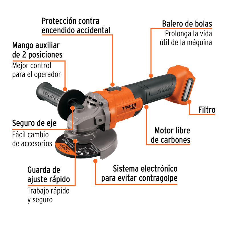 Esmeriladora Truper Pro 4-1/2", 20v, Sin Acceso... image number null
