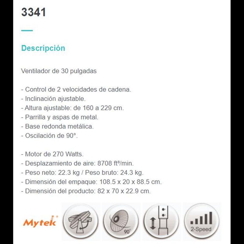 Ventilador Industrial Mytek 3341 30 Pugadas Pot... image number null