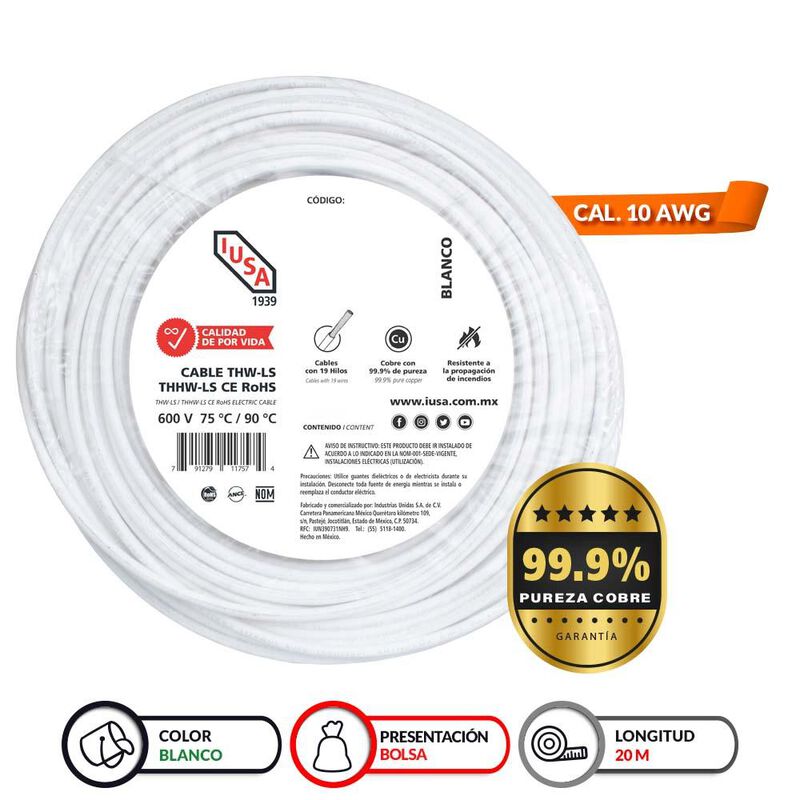Cable Thhw-ls Rohs Calibre 10 Awg Blanco 20m image number null