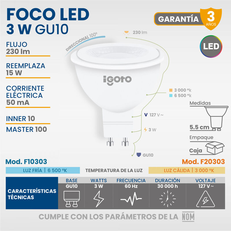 Paquete de 10 piezas Foco Led Dicroico Gu10 3w ... image number null