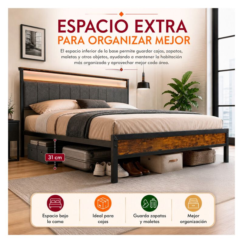 Base Cama Kingsize Cabecera Repisas Luz Led Usb... image number null