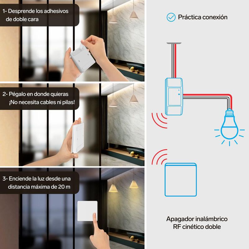 Apagador inal&aacute;mbrico RF cin&eacute;tico sencillo image number null
