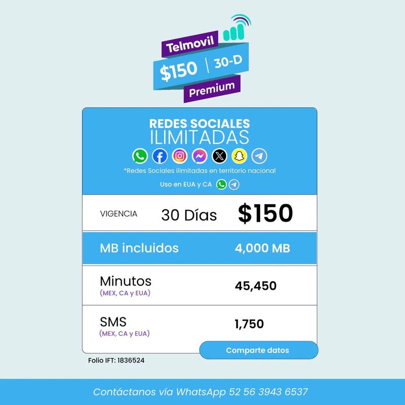 Chip Telmovil Paquete $150 30D (Premium) image number null