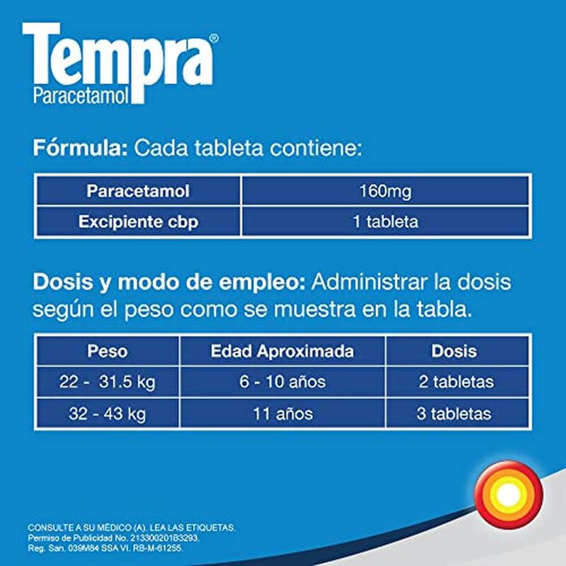 Tempra Tableta Masticable 160mg Fiebre y Dolor ... image number null
