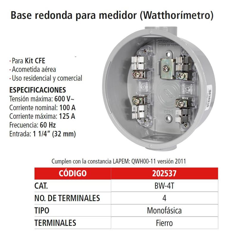 Base Para Watthor&iacute;metro Monof&aacute;sica, 4 Terminale... image number null