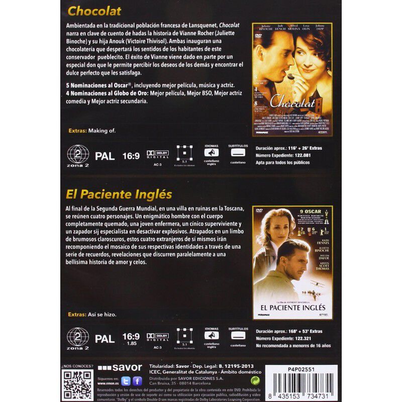 Chocolat + El Paciente Ingl&eacute;s [DVD] (2000, 1996... image number null