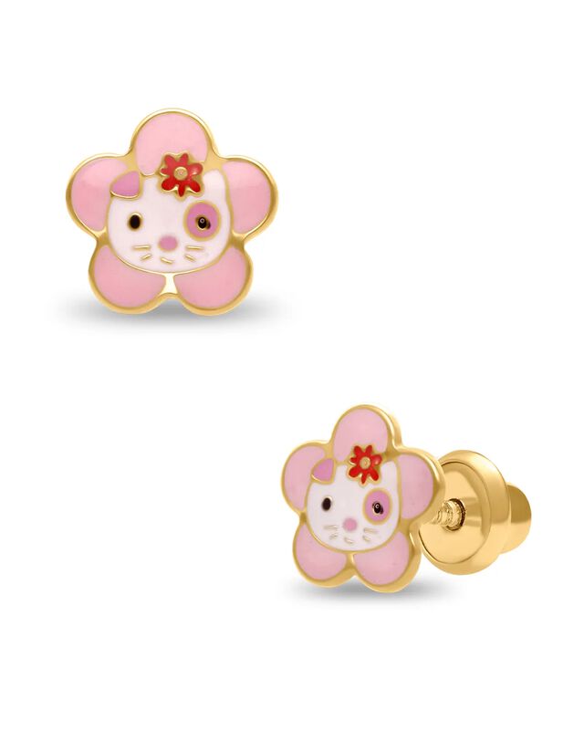 Broqueles De Flor Con Imagen De Gatito En Oro A... image number null