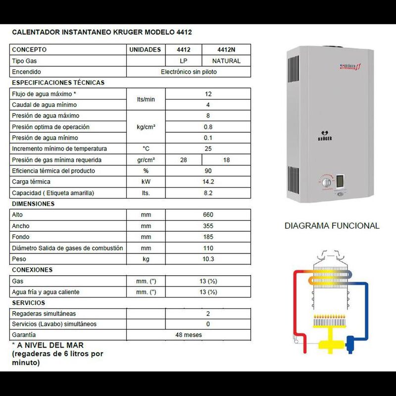 Calentador Boiler Instant&aacute;neo 12 Lts Gas LP Kr&uuml;... image number null