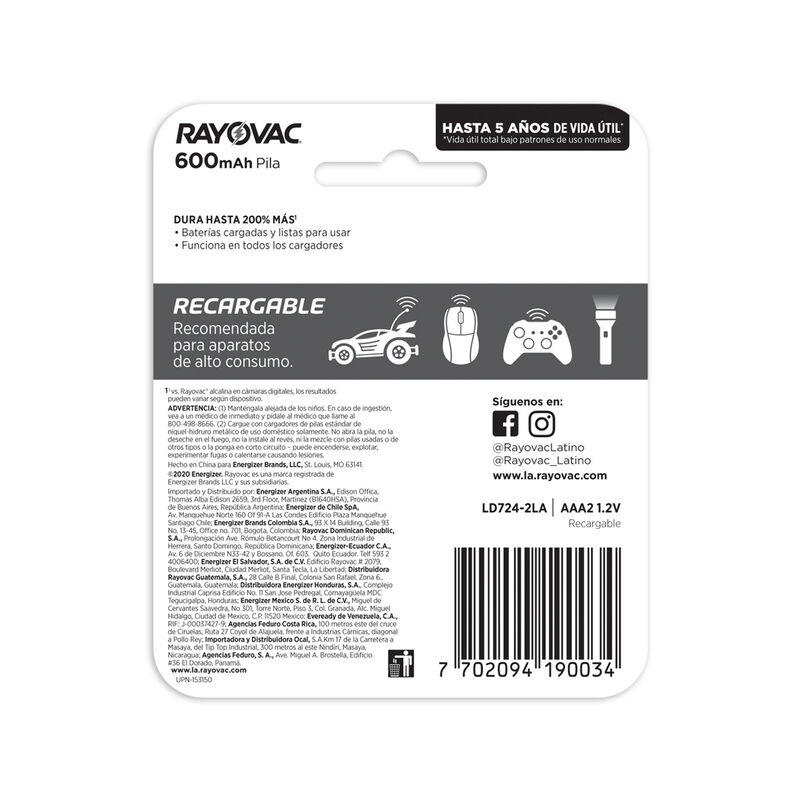 8 Pilas Baterías Recargables Rayovac Tamaño AAA... image number null