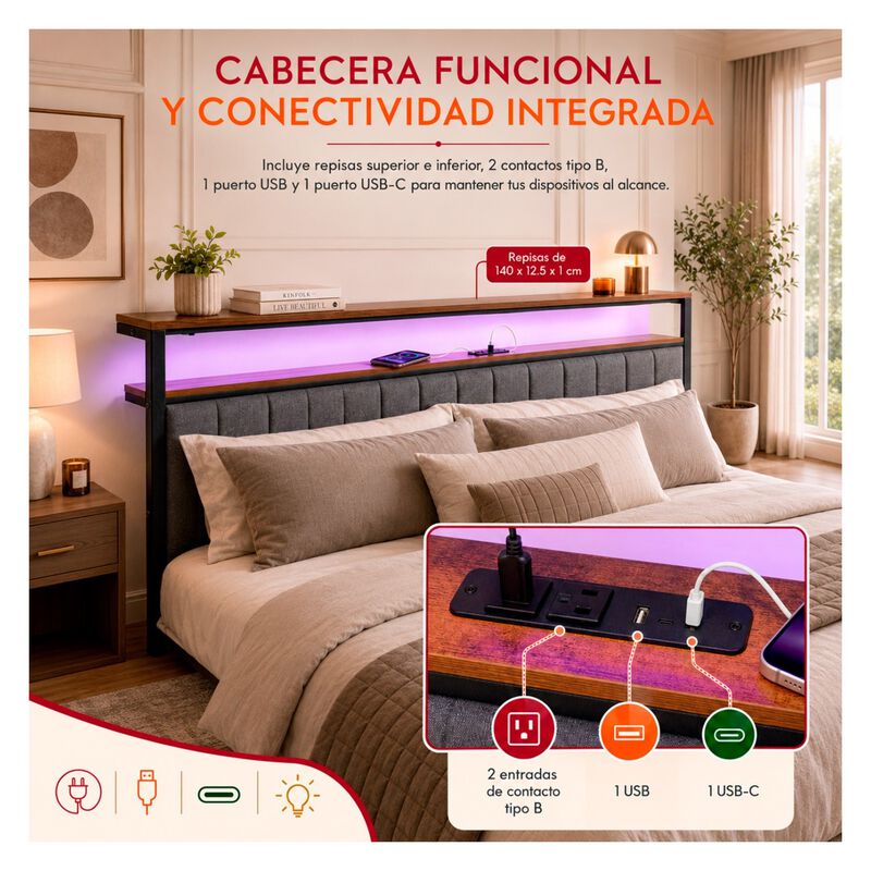 Base Cama Kingsize Cabecera Repisas Luz Led Usb... image number null