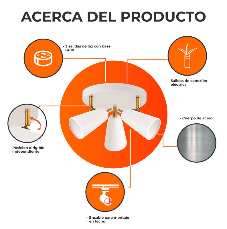 L&aacute;mpara Spot De Sobreponer Dirigible 3 Bases Gu... image number null