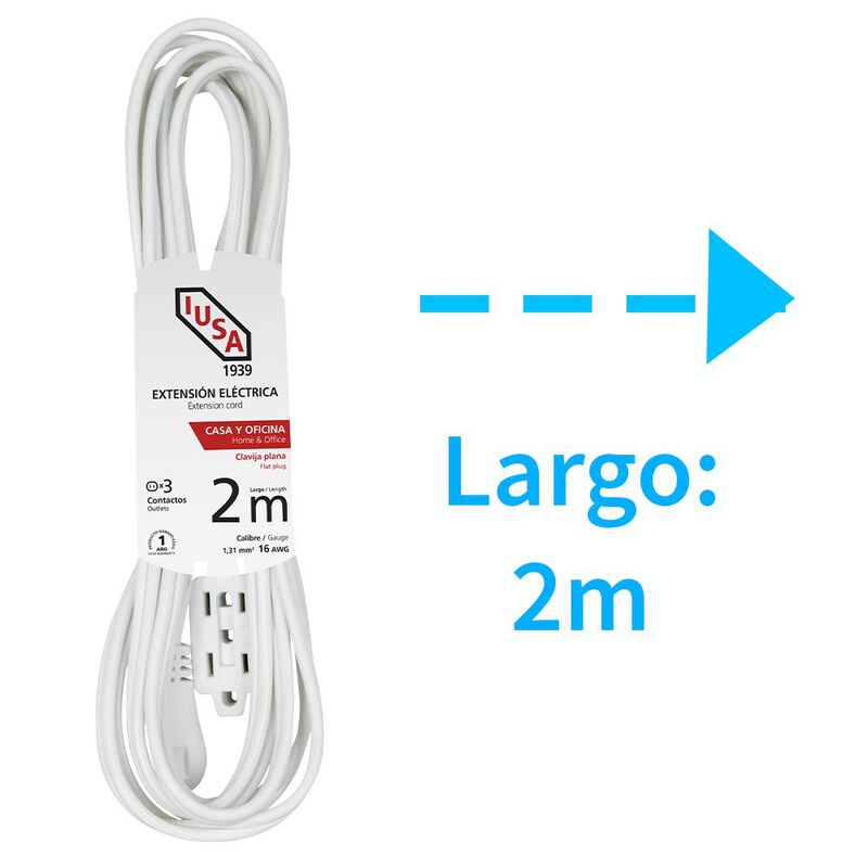 Extensi&oacute;n Dom&eacute;stica, Blanca, Clavija Plana, 2m,... image number null