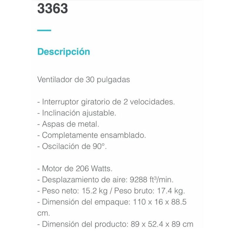 Ventilador Industrial De Pared Mytek 3363 30 Pu... image number null