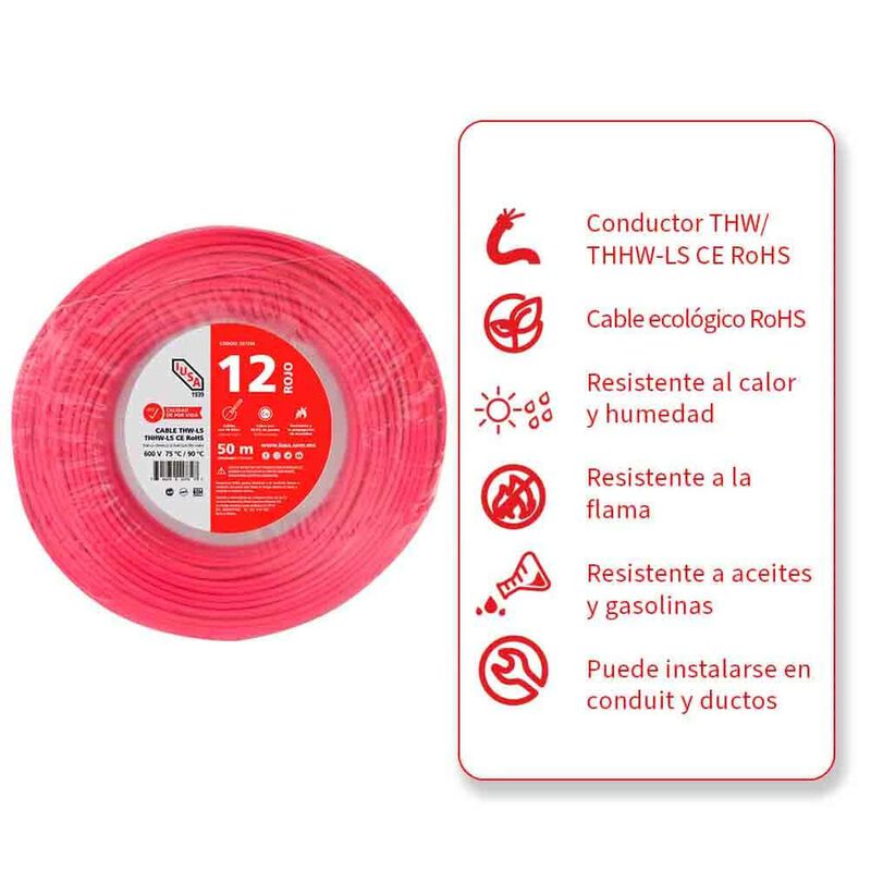 Cable Thhw-ls Rohs Calibre 12 Awg Rojo 50m image number null