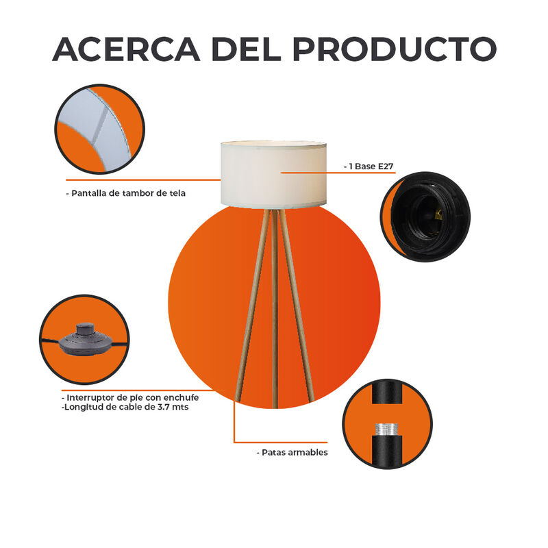 L&aacute;mpara Piso Blanco/madera Vintage Minimalista ... image number null