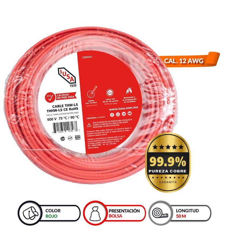 Cable Thhw-ls Rohs Calibre 12 Awg Rojo 50m image number null