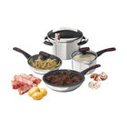 BOGNER Set de Cocina en Acero Inoxidable 304: Olla a Presi&oacute;n 4.5L, Cazo 2.5L, Sart&eacute;n 22 cm y 28 cm, Utensilios de Silic&oacute;n, Mangos Baquelita y Tapas de Vidrio