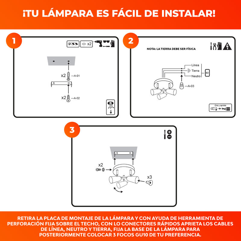L&aacute;mpara Spot De Sobreponer Dirigible 3 Bases Gu... image number null