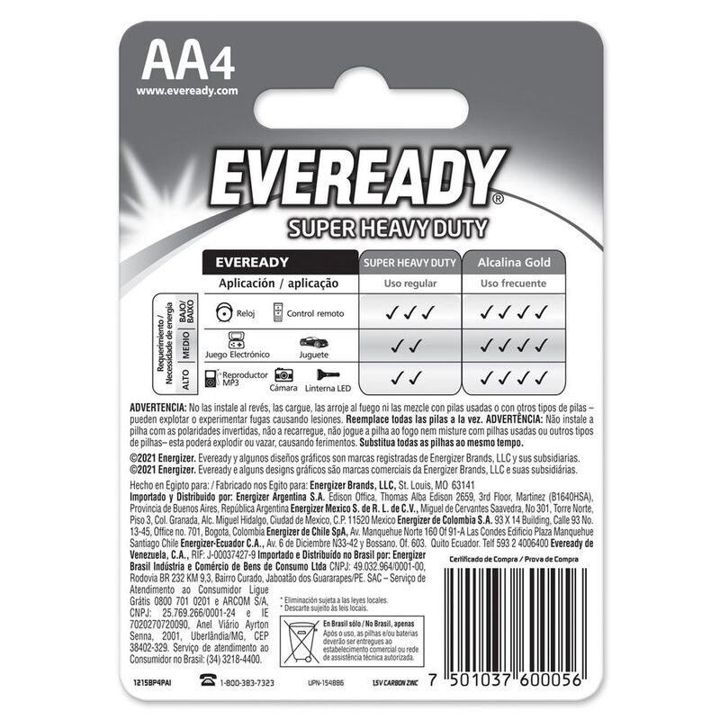 Pila Eveready Carb&oacute;n Zinc AA Blister 4 Unidades image number null