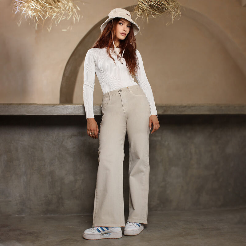 Pantal&oacute;n Rectos Mujer Tiro Alto Beige Mezclilla... image number null