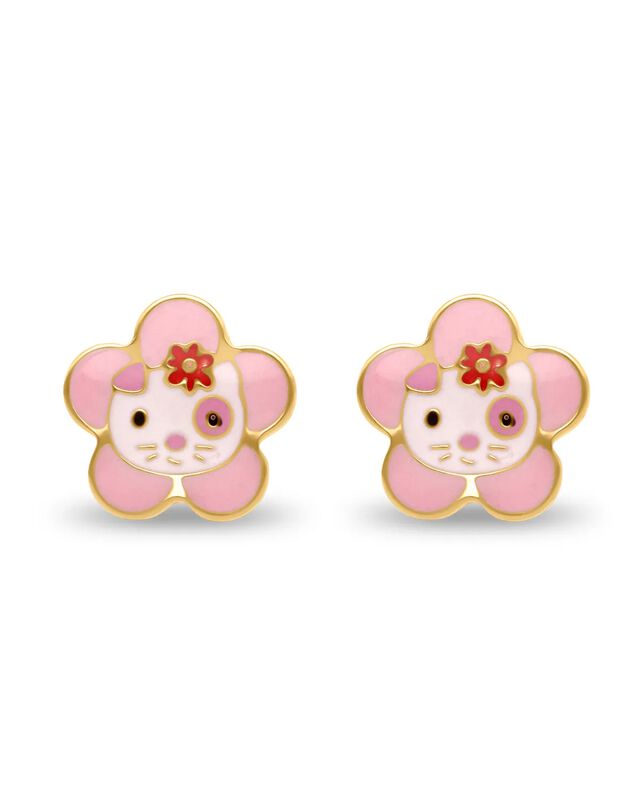 Broqueles De Flor Con Imagen De Gatito En Oro A... image number null