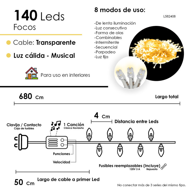 Luces LED Calida 140 Led, Cable Verde Funciones... image number null