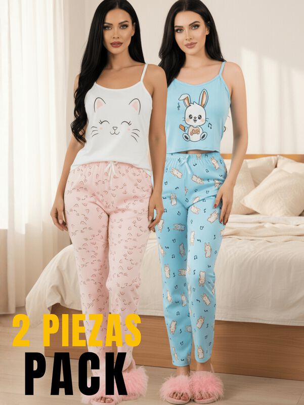 Set De 2 Conjunto Pijama Mujer Blusa Y Pantal&oacute;n... image number null