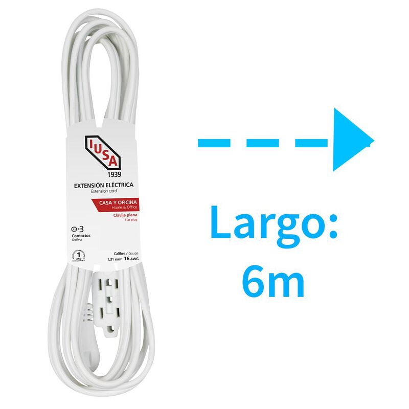 Extensi&oacute;n Dom&eacute;stica, Blanca, Clavija Plana, 6m,... image number null