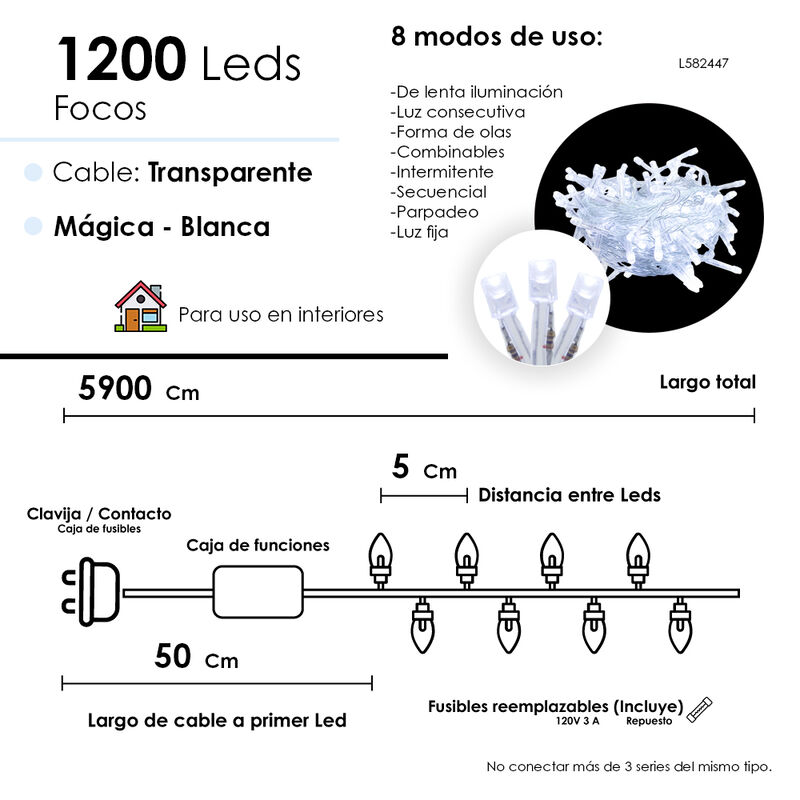 Luces LED Blanca 1200 Led, Cable Transparente 8... image number null