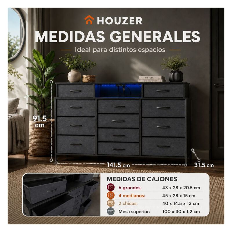Comoda Cajonera 12 Cajones Tela Enchufes Usb Lu... image number null
