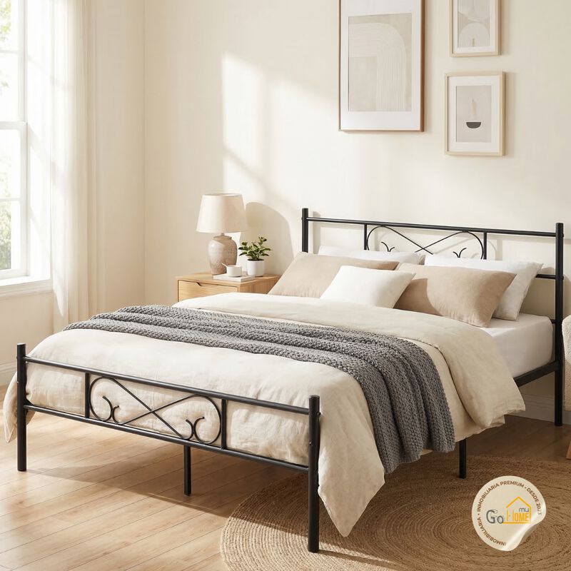 Cama Matrimonial De Metal Negro Con Cabecera Y ... image number null