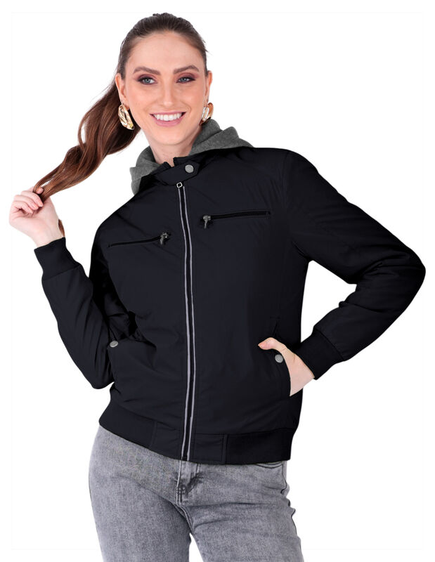 Chamarra Boomber Mujer Cuello Redondo Con Gorro image number null