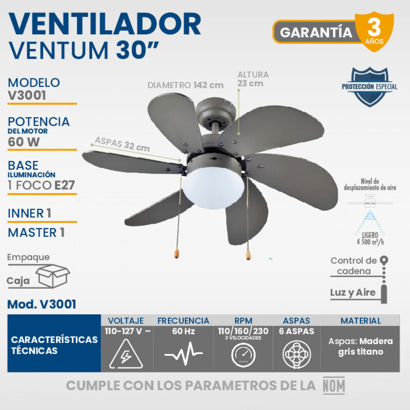 Ventilador Para Techo 30  3 Vel. 60w 6 Aspas Ig... image number null