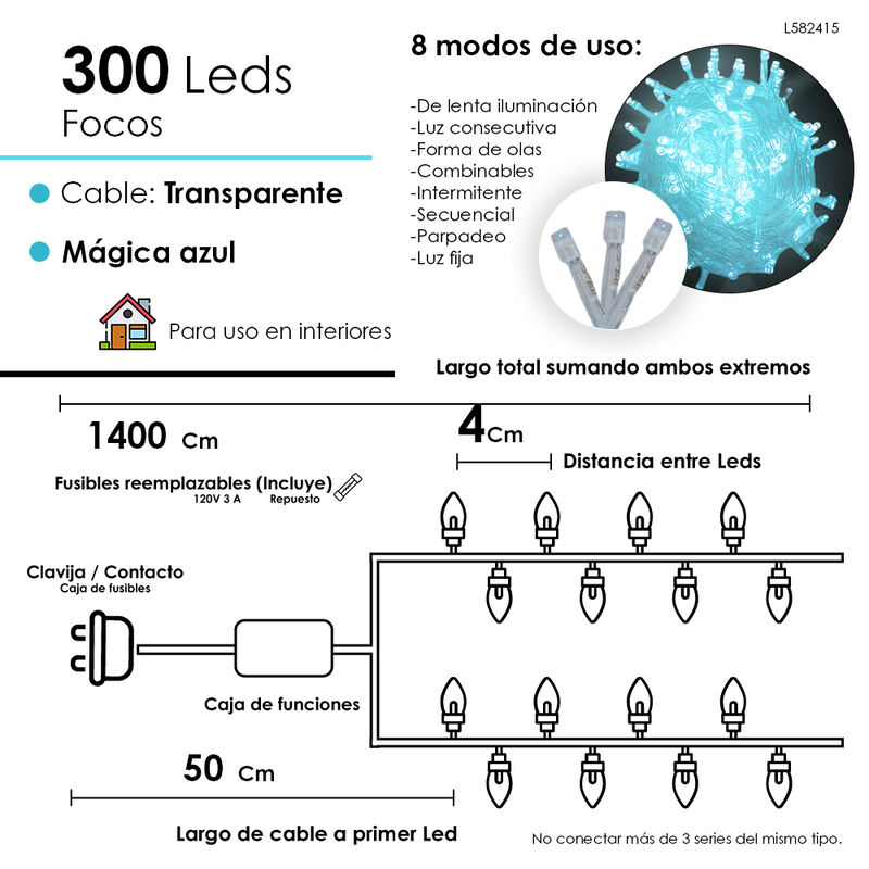 Serie Luces LED 300 focos Luz Azul Cable Transp... image number null