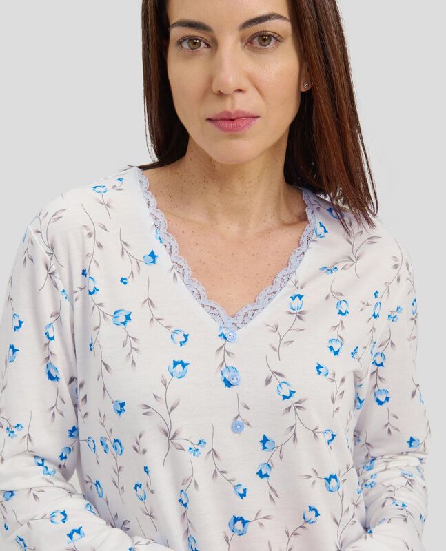 Camisón Largo con Flores y Puntilla Celeste image number null