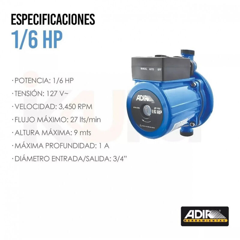 Bomba Presurizadora Automática 1/6 Hp 140 W Adi... image number null