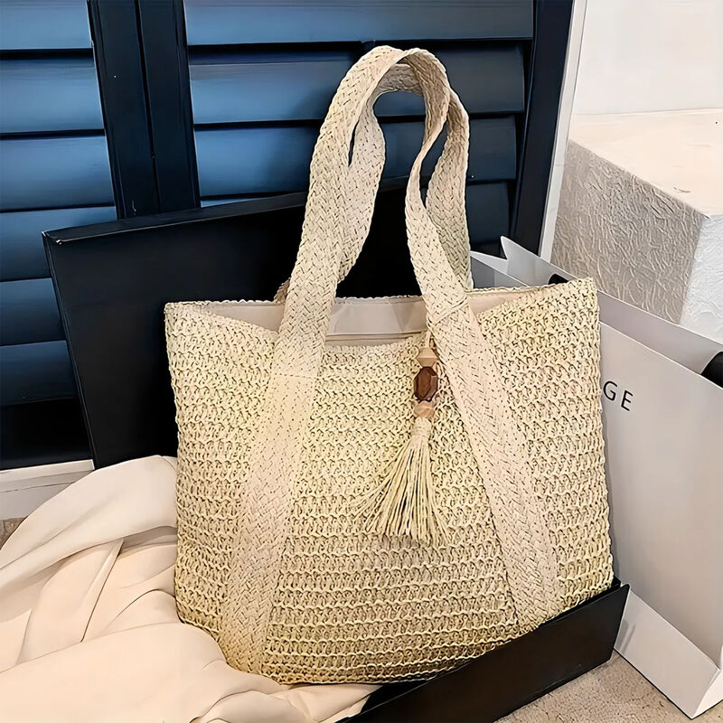 Tote Bag Paja Beige Claro Bohemio Playa Verano image number null