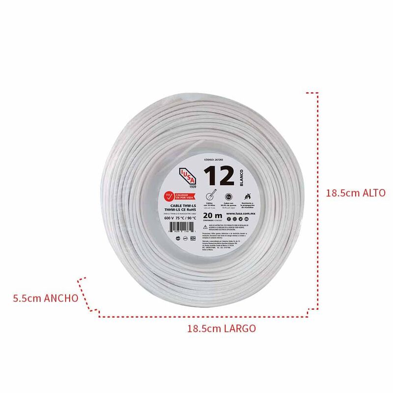 Cable Thhw-ls Rohs Calibre 12 Awg Blanco 20m image number null