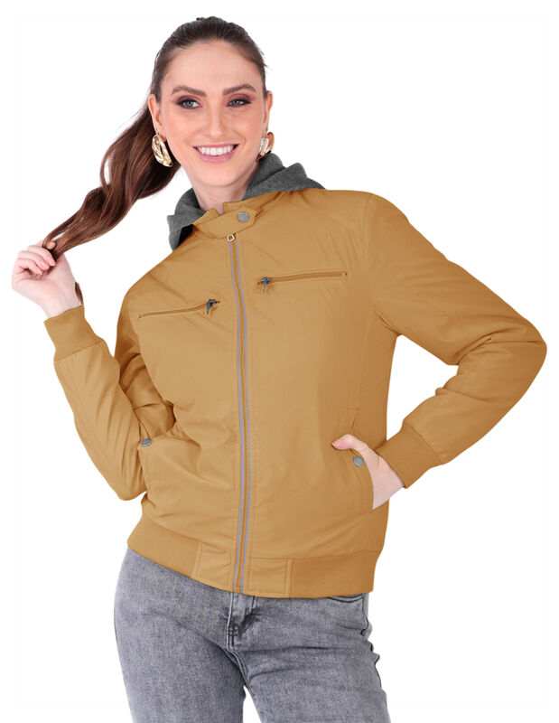 Chamarra Boomber Mujer Cuello Redondo Con Gorro image number null
