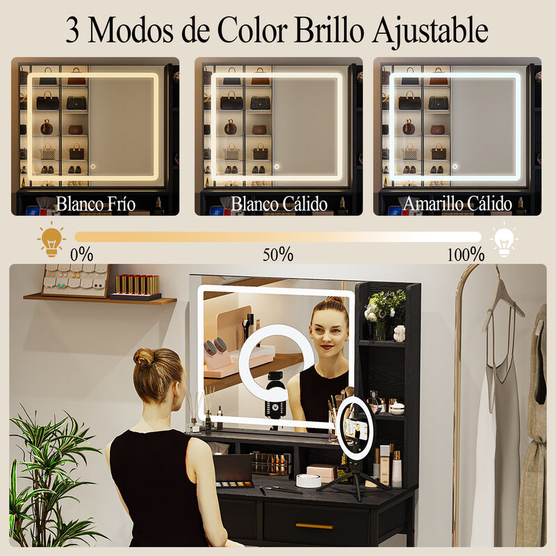 Tocador Maquillaje Negro con Espejo LED image number null