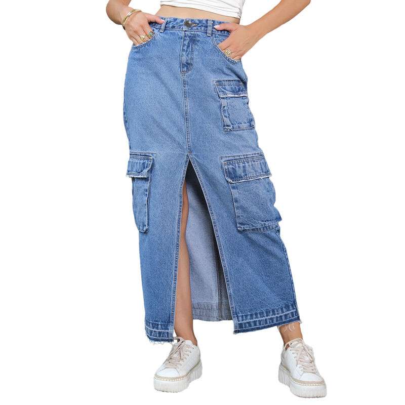 Maxifalda Mujer Tiro Alto Algod&oacute;n Azul Medio image number null